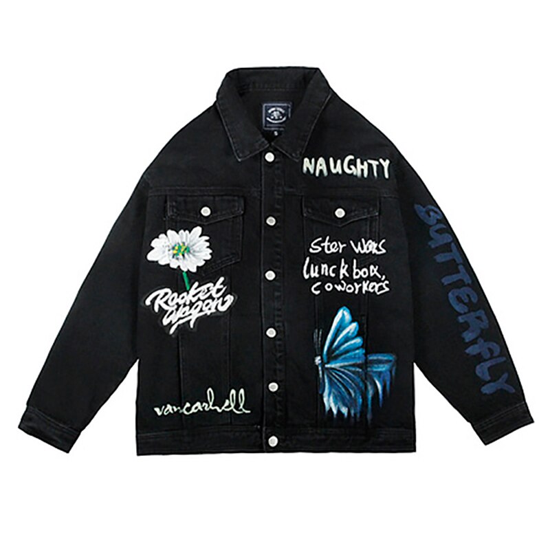 Mens Hand Geschilderd Graffiti Denim Jassen Streetwear Hiphop Herfst Mannen Vintage Punk Rock Mannelijke Knop Oversize Man Jas Tops