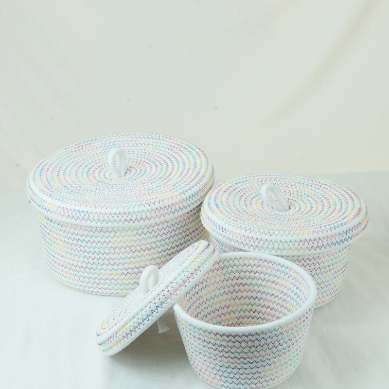 Students Cosmetics Snacks Round Cotton Rope Storage Basket Finishing Basket Storage Basket with Lid Dust-proof Storage Box