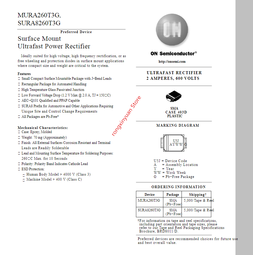 20 uds/lote MURA260T3G U5J SMA MURA260 ultrarápido RECTIFIER2 amperios 600 voltios 100% original