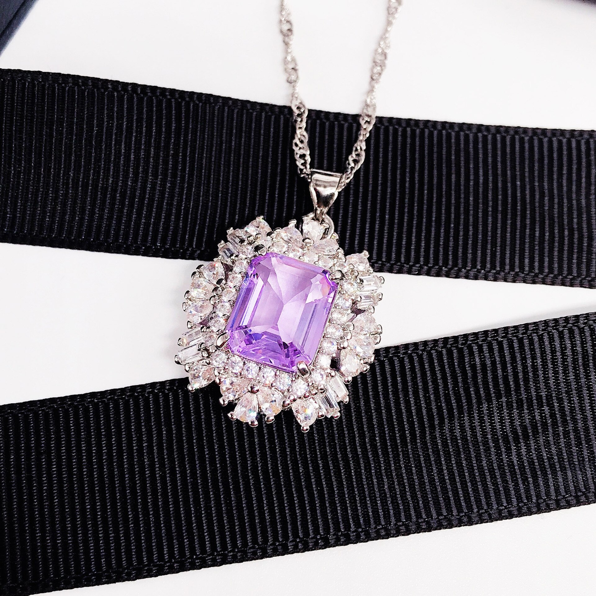 RUZZALLATI Drsign Rectangle Pink 6ct Tanzanite Rings fpr Women Silver Color Wedding Bridal Ring Necklace Jewelry Set