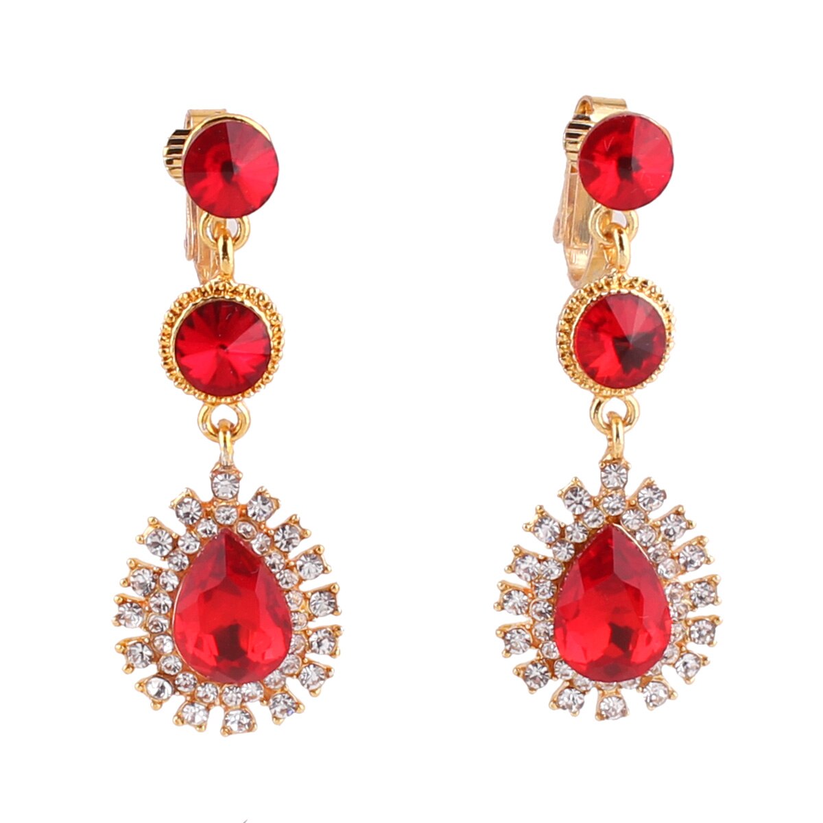 Wenhq 12 Kleuren Hoogwaardige Rhinestone Crystal Tear Shape Clip Op Oorbellen Geen Doorstoken Voor Vrouwen Bruiloft Geen gat Oor Clip: Gold Red