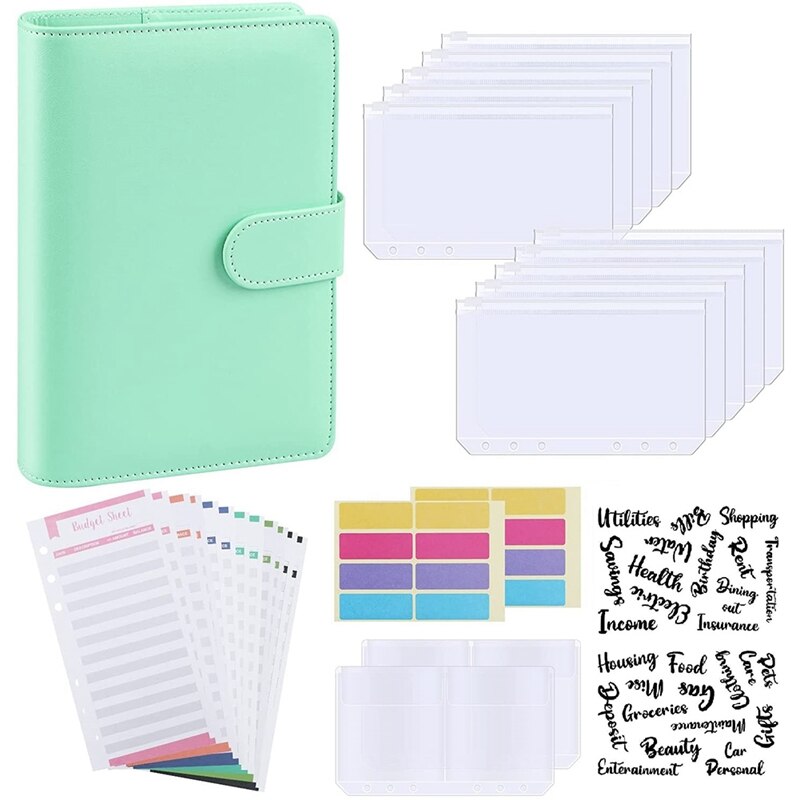 Budget Binder, A6 PU Leather Notebook Planner Organizer Refillable 6 Ring Binder Cover Letter Sticker Labels: Green