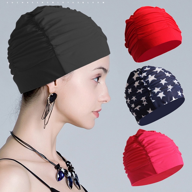 Sexy Swimming Cap Womens Long Hair Swim Hat Outdoor Activities Solid Cap Bathing Drape Stretch Sports Seaside Fold Girls