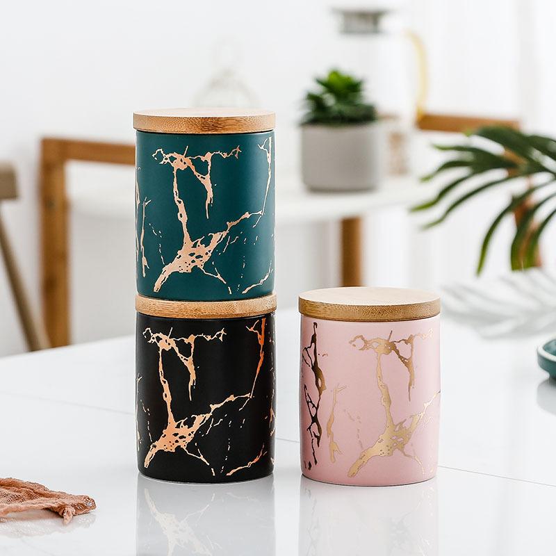 Marble Pattern Ceramic Storage Bottles Jars With Wooden Cover Sugar Shaker Spice Jar Kitchen Accessories Ceramics Storage Jar