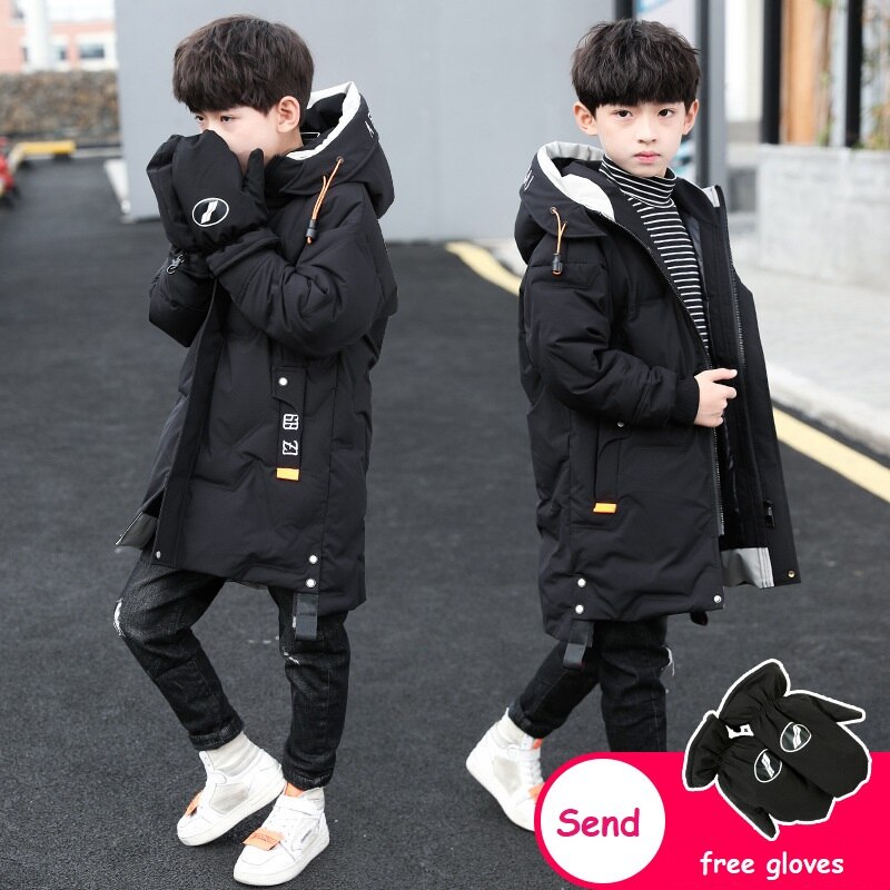 Jungen Winter Mäntel freundlicher knapp Mittel-Lange Starke Warme Hoodie Jacke Winddicht Kleidung Freies Handschuhe Art Mantel