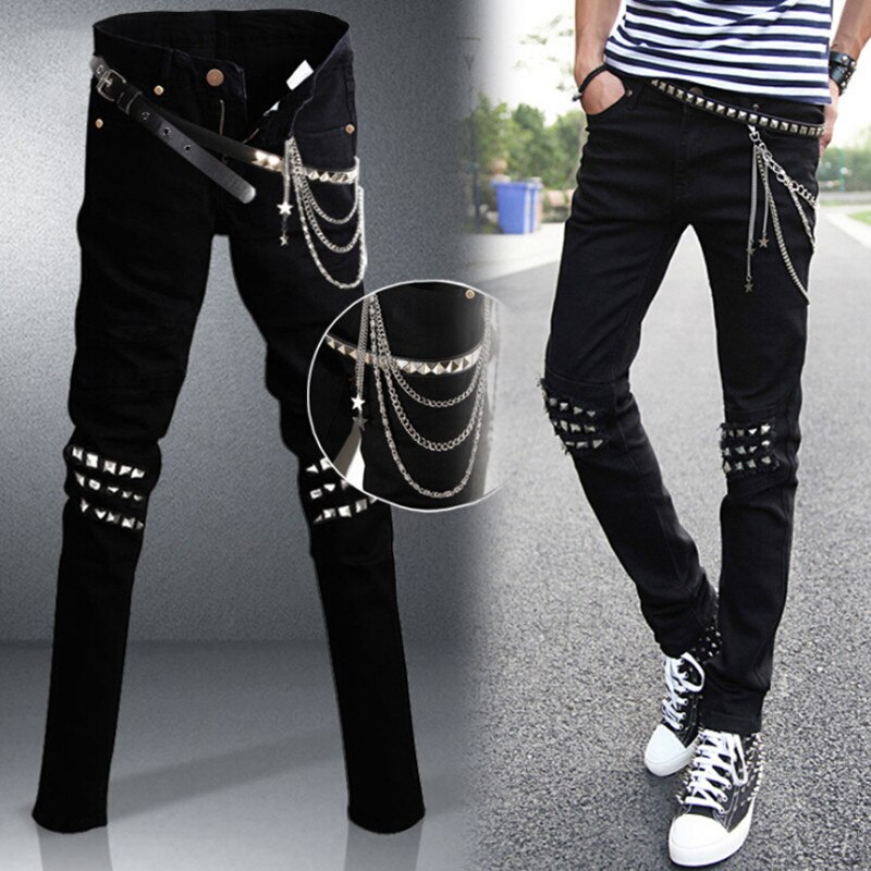 Mens Punk hip hop Black Jeans Lap Hip Rivet Slim Fit Biker Denim Pants Boys Singer Stage Ripped Skinny Jeans With Belts &amp; Chains: asian size 401 / XL