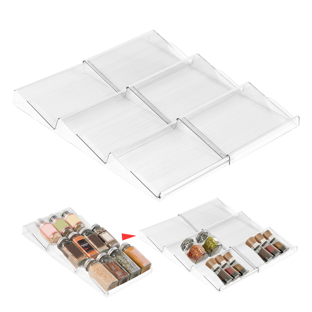 3 Tiles Telescopic Spice Drawer Rack Large-Capacity Acrylic Storage Tray Kitchen Versatile Drawer Organizer for Reasoning Jar
