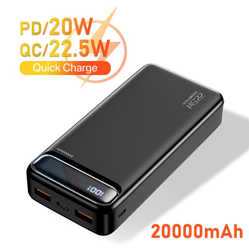 Powerbank 20000 mah bærbar lader powerbank 20000 mah hurtiglader eksternt batteri pd poverbank til iphone 13 12 pro xiaomi: Svart