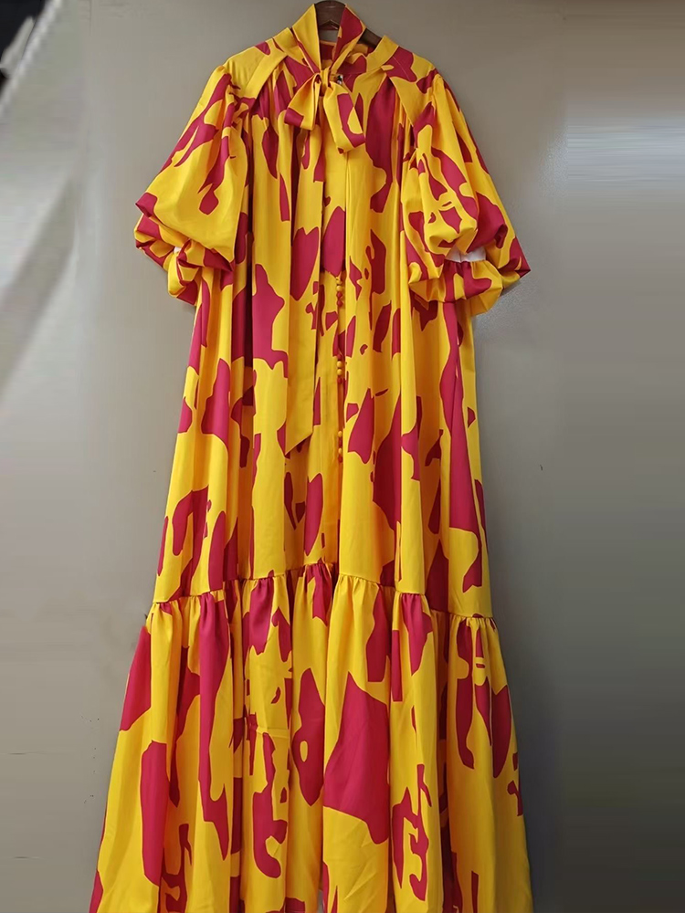 Vestido holgado informal con estampado geométrico de manga corta y burbuja de un solo pecho , vestido con cordones y temperamento para mujer de verano 2025