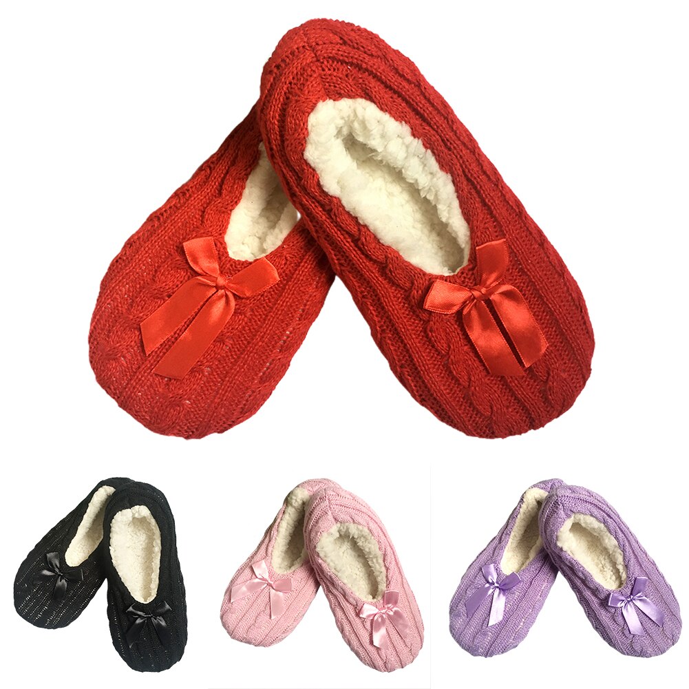 1pair Women Winter Warm With Bowknot Acrylic Fibers Daily Non Slip Comfortable Slipper Socks Adults Super Soft Washable Home