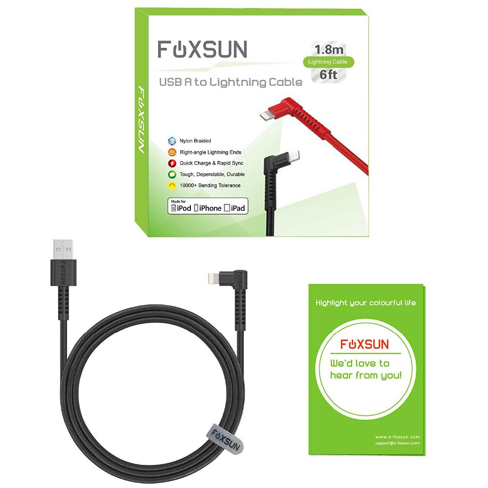 90 Degree for Lightning to USB Cable Nylon Braided, Foxsun 6FT right angle lightning cable for iPhone X/8/8plus/ 7/7 Plus/6S/6/5