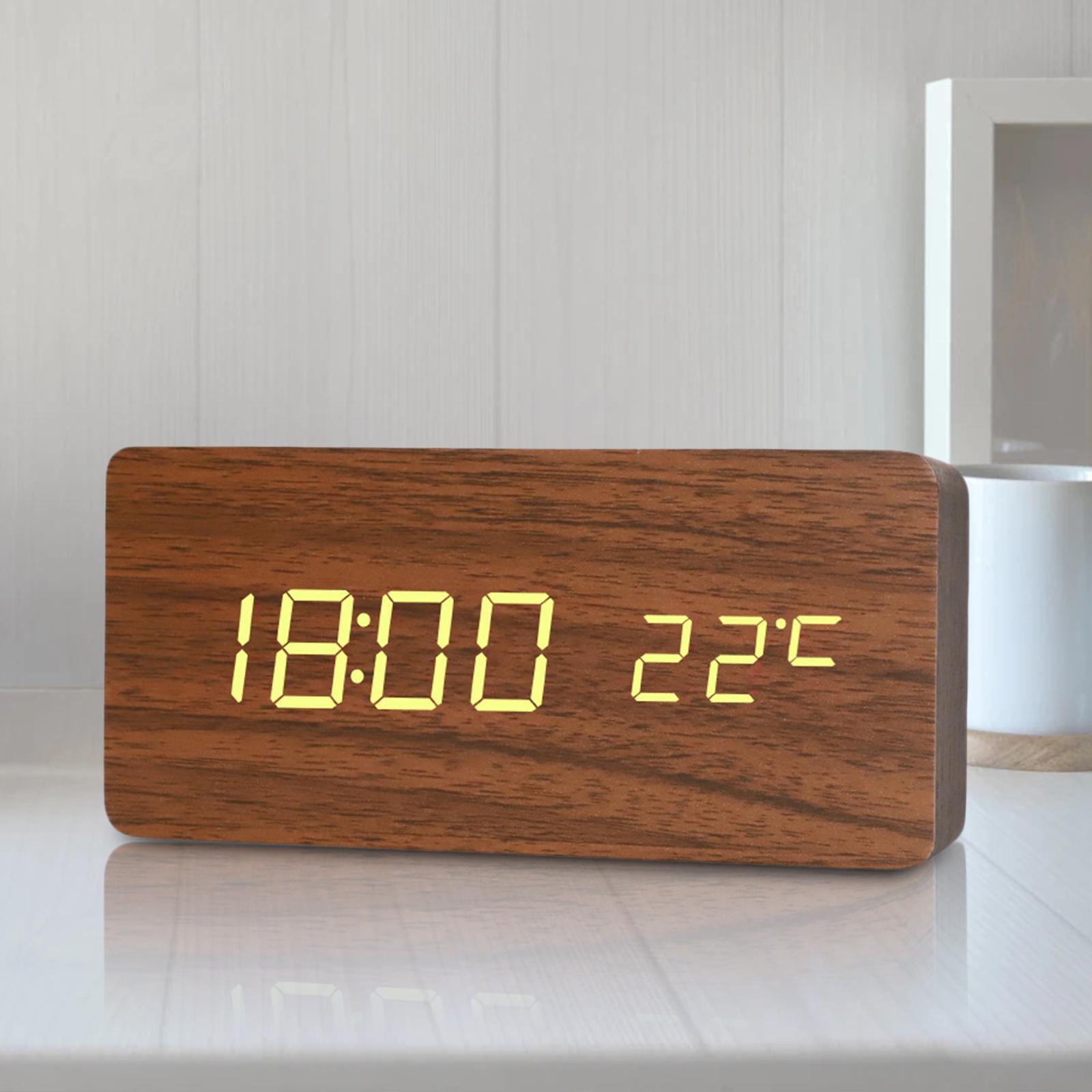 Large Digital Alarm Clock Battery Powered/USB Temperature Date Display Thermometer 3 Alarm Setting Wooden LED for Tabletop Kids: Brown