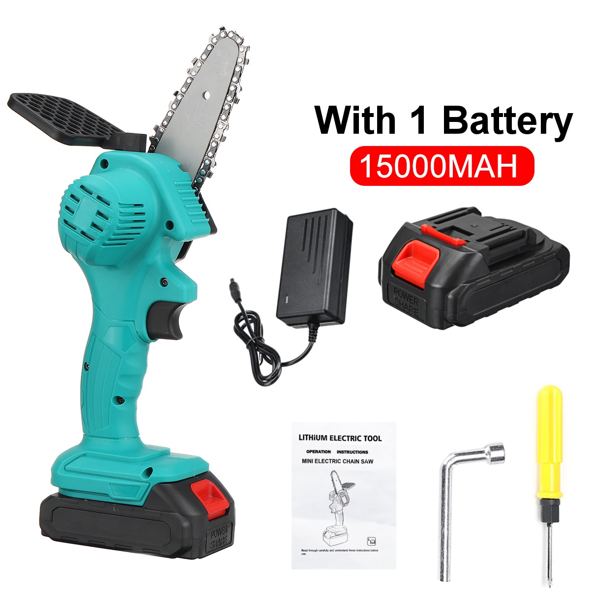 3000W 88VF 4 Inch Mini Electric Saw Chainsaw Garden Tree Logging Saw Woodworking Tools Wood Cutters with 2 Batteries: green 1 battery