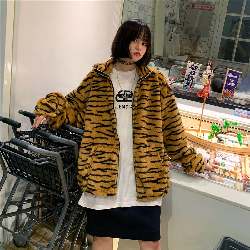 Focal20 Streetwear Zebra Tijger Patroon Vrouwen Rits Jas Retro Winter Warm Vrouwen Jassen Mode Pluche Rits Pocket Jassen