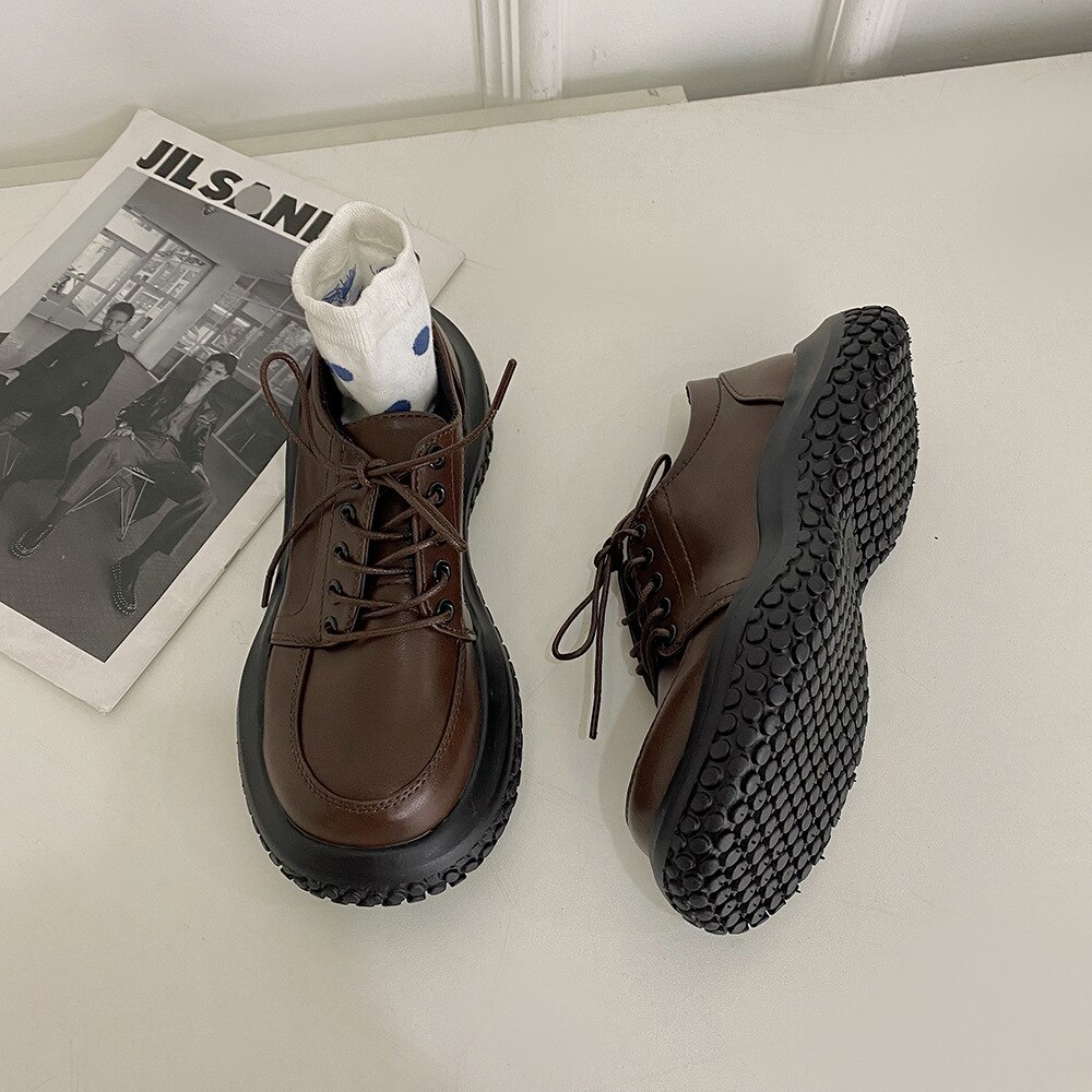 Zapatos planos de estilo Vintage para mujer, mocasines Oxford informales con plataforma y cordones, a la , para primavera y verano, color negro y marrón,: brown / 36