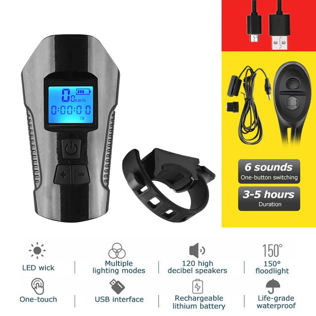 4 modo usb bicicleta luz da lâmpada & bicicleta computador 6 modo chifre lanterna ciclo velocímetro led luzes dianteiras ciclismo farol: all black