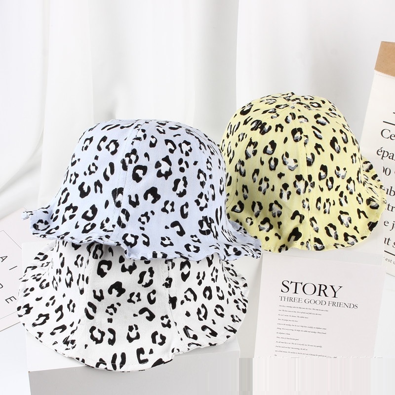 Vår sommar baby flickor solhatt tecknad leopardmönster bomull baby hatt barn pojkar hink hatt barn sol mössa