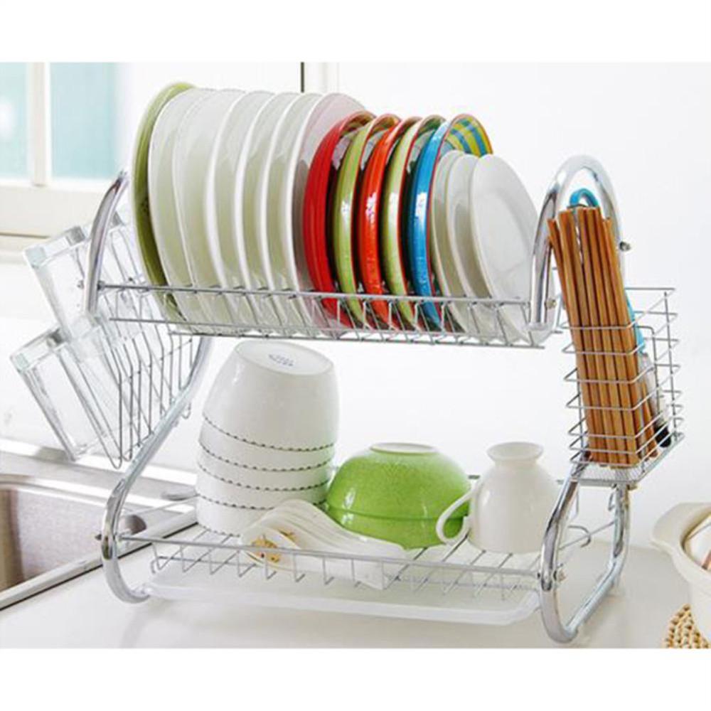 2-Layer Dish Drying Rack For Kitchenware Mug Holder Utensil Holder Dishes Rack Kitchen Storage Stainless Steel Kitchen Dish Rack