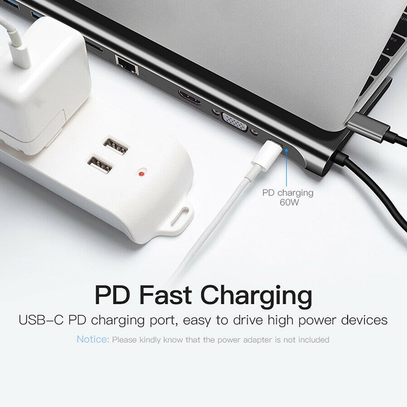 10 em 1 usb tipo c hub adaptador portátil docking station hdmi vga rj45 pd compatível para hp/lenovo/superfície cinza