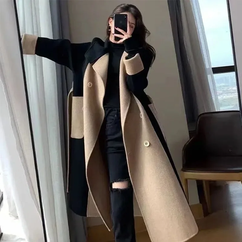 Manteau en laine velours Double face pour femme, Style Long, nouvelle automne hiver, bloc de couleurs, amincissant, Style Hepburn, vêtements d'extérieur élégants