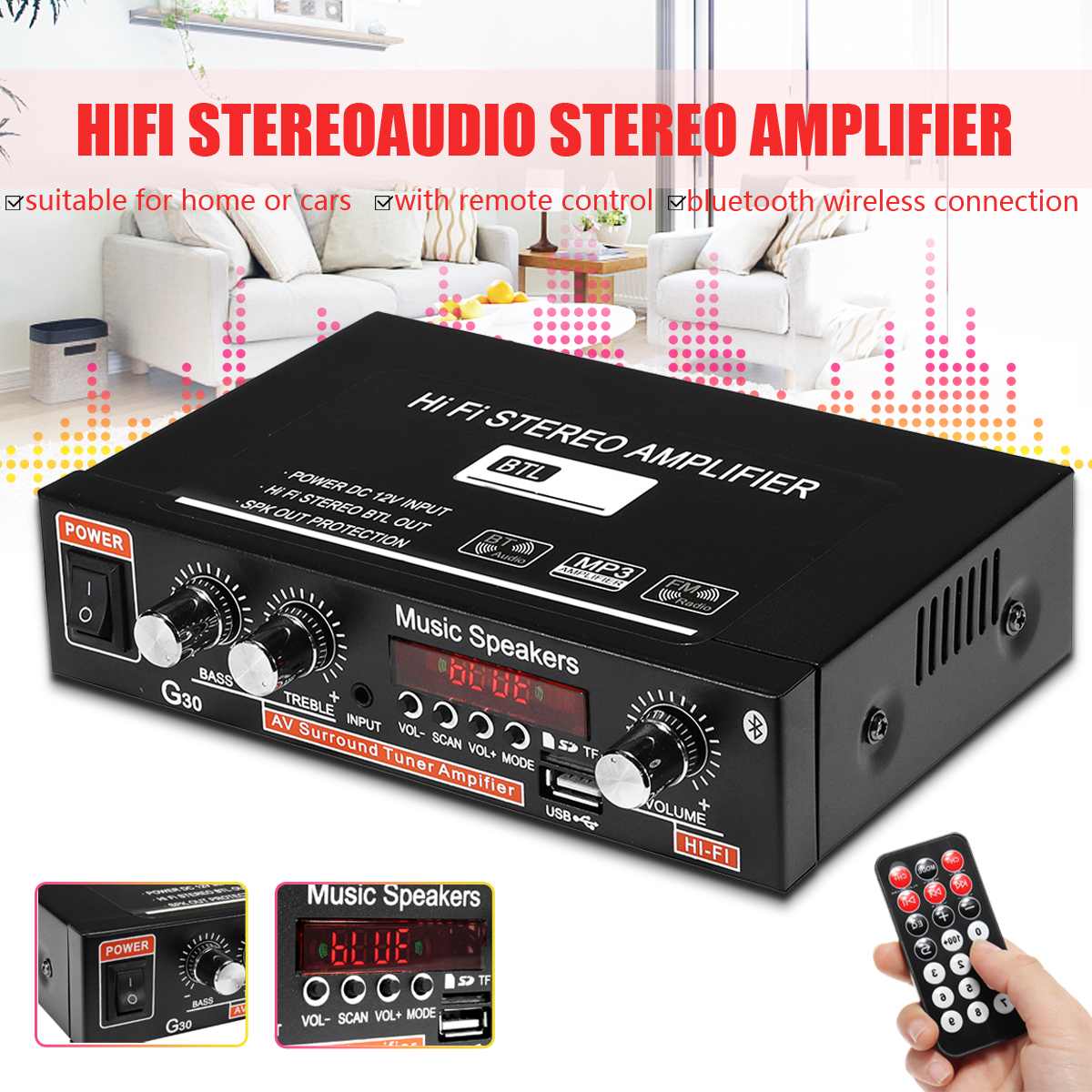 2CH LCD Display HIFI Audio Stereo Power Amplifier bluetooth FM Radio Car Home Remote Control Home Theater Amplifiers