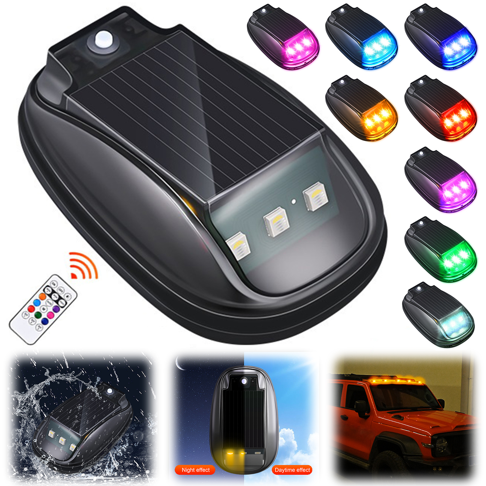 Autodakverlichting op zonne-energie met draadloze, op afstand bedienbare knipperlichten (rgb), stroboscoop op zonne-energie voor autodecoratie.