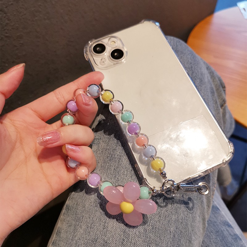 Korean Colorful Flower Beaded Mobile Phone Charm Strap Chain Lanyard Women Girl Jewelry Phone Holder Beads Pendant