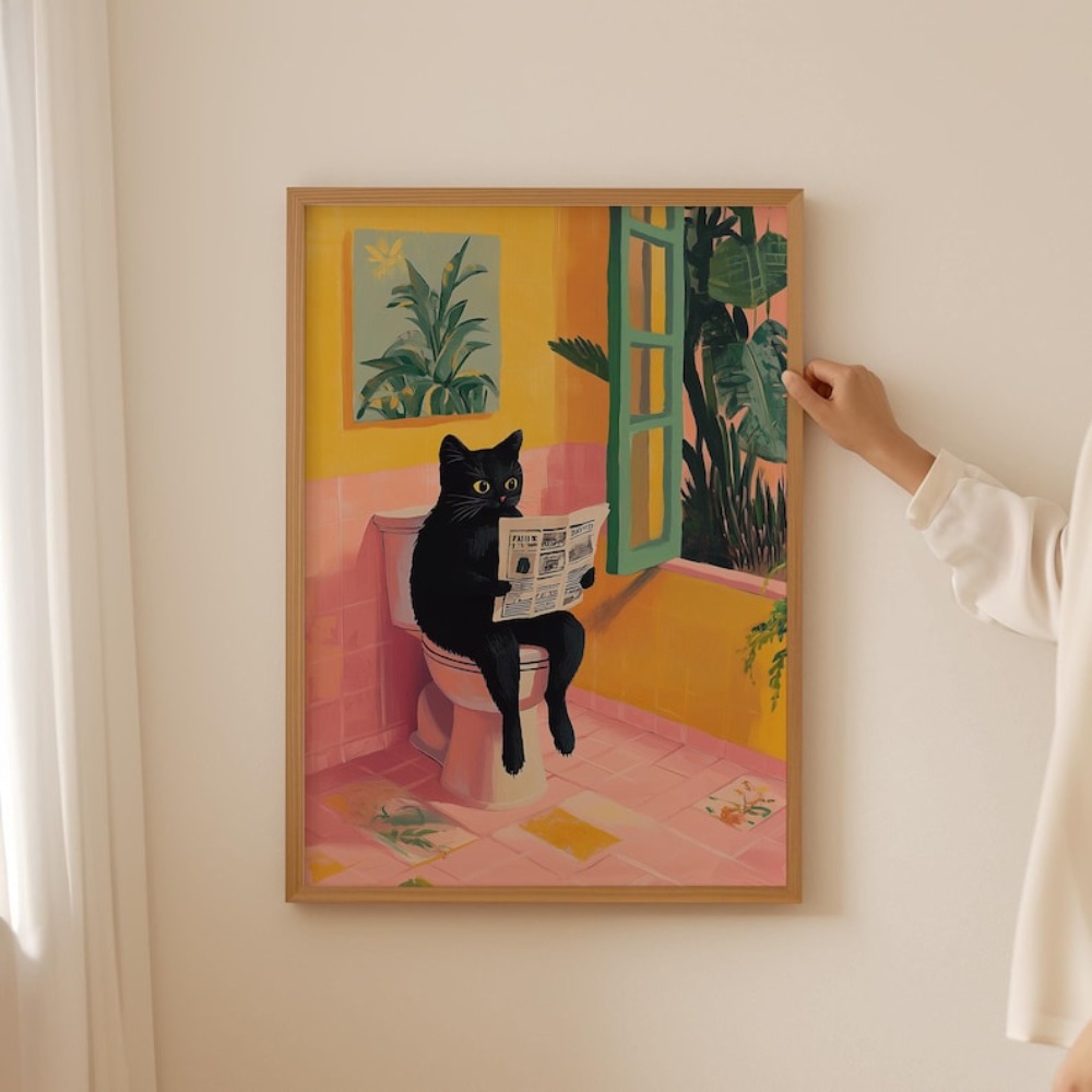 Funny Toilet Cat Canvas Prints Poster Japanese Dopamine Aesthetic for Cat Lovers Bathroom Wash Room Home Decor Art Poster: 12X16
