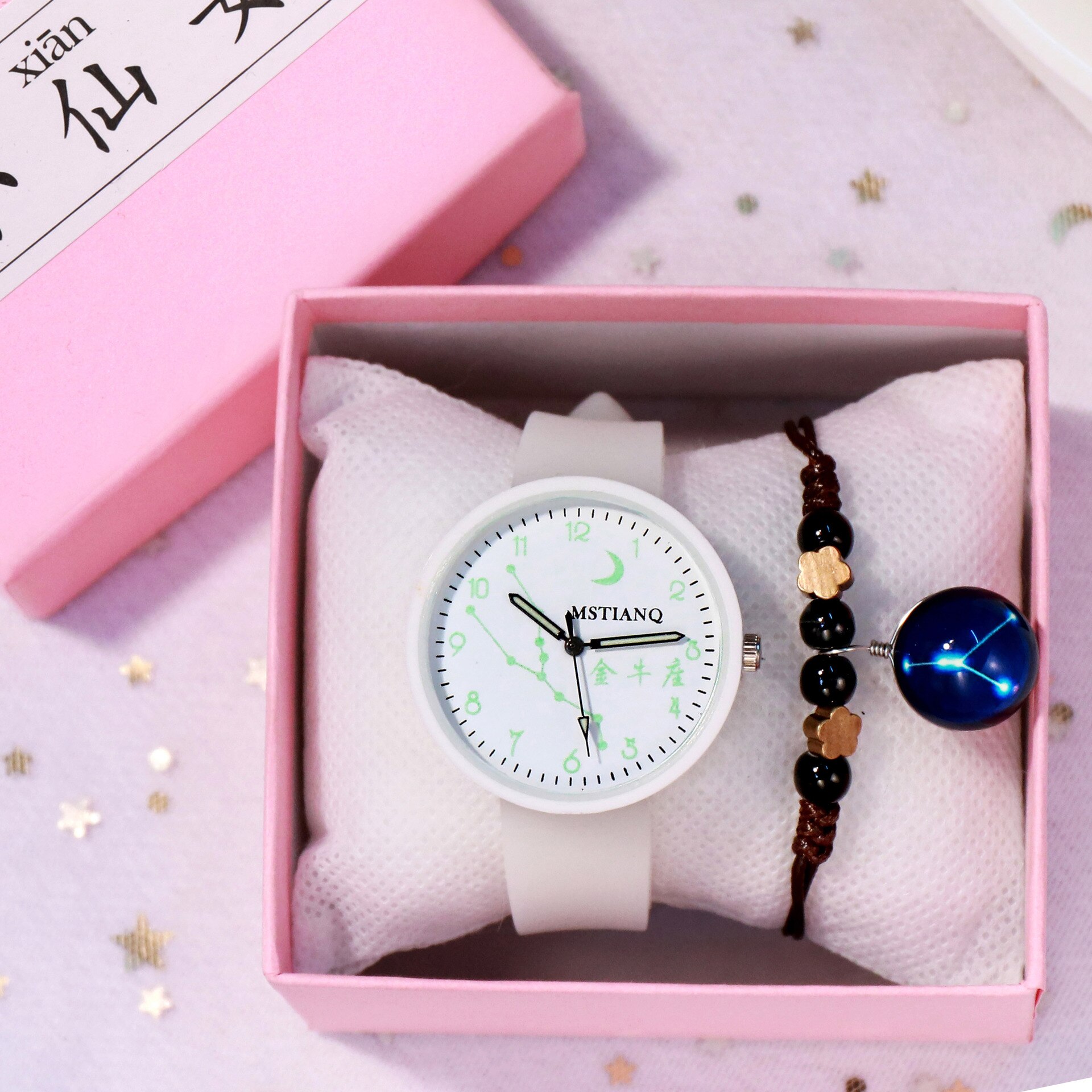 12 sterrenbeelden lichtgevende dameshorloges 1 set armband polshorloges siliconen band quartz horloges relogio feminino: Stier geen doos