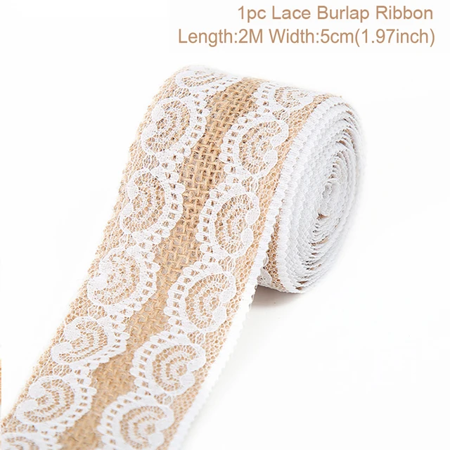 Cinta de encaje de arpillera de yute Natural de 2 metros y 5cm con borde de encaje blanco, decoración rústica de boda para boda, cintas artesanales con lazo DIY: Negro