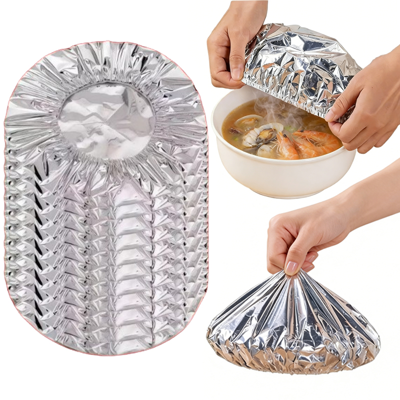 10-50pcs Aluminum Foil Insulation Covers Keep Food Warm Fresh Repeatable Kitchen Food Covers Bowls Plates Adjustable Cling Wrap