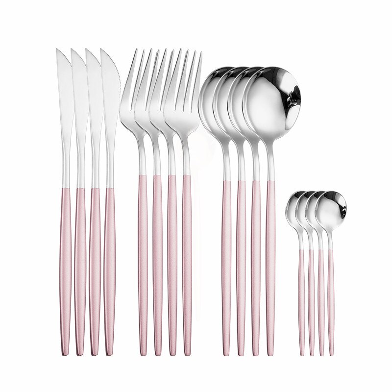 Stainless Steel Tableware Rose Gold Cutlery Set Fork Spoon Knife Set Stainless Steel Dinner Set of Spoons and Forks Eco Friendly: pink silver 4sets