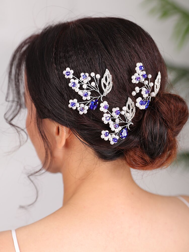 Pasador de pelo azul Vintage para mujer, joyería con cabeza de flor, peinados de novia para , joyas, accesorios para el cabello de boda para mujer