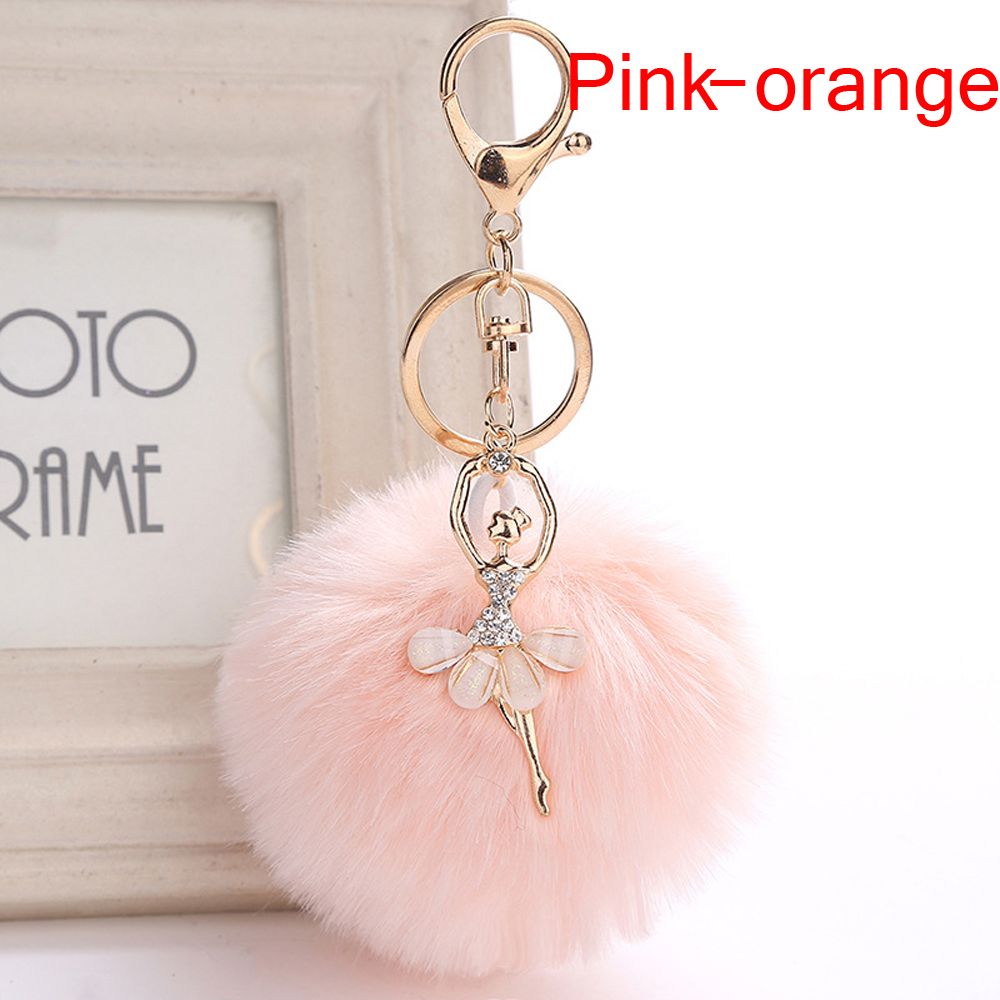 Cute Faux Rabbit Fur Key Ring Fluffy Ballet Girl Car Keychain Key Chain Women Bag Keys Accessories: Pink-orange