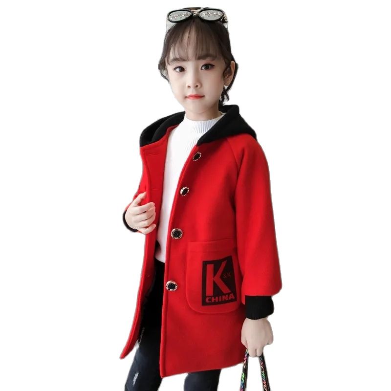 Giacca invernale in lana e misto per ragazze nuova versione coreana cappotto addensato moda abbigliamento per bambini Slim Casual con cappuccio di media lunghezza