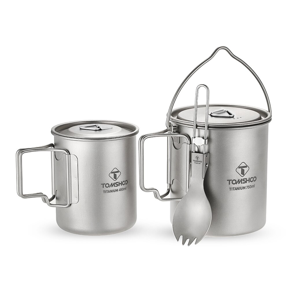 Tomshoo 3 Stuks Cup Set Titanium 750Ml Pot 450Ml Water Cup Mok Met Deksel Opvouwbare Handvat Vouwen Spork kamp Lichtgewicht Picknick: Default Title