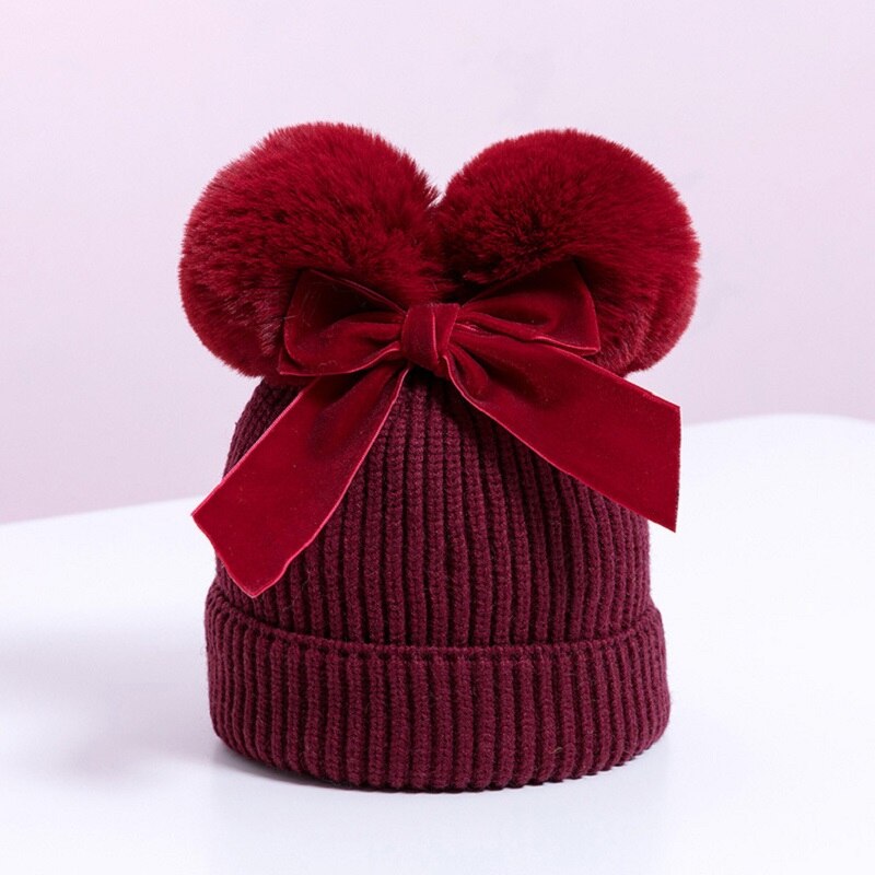 Chapeau d'hiver à Double pompon pour enfants | Chapeau avec nœud, casquette Crochet, chapeau et épais, chapeaux pour bébés: wine red