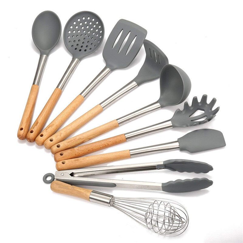 9/10Pcs Kitchen Set- Silicone Utensils Cooking Sets Non-stick Kitchenware Spatula with Wooden Handle Kitchen Tools Accessories: 1