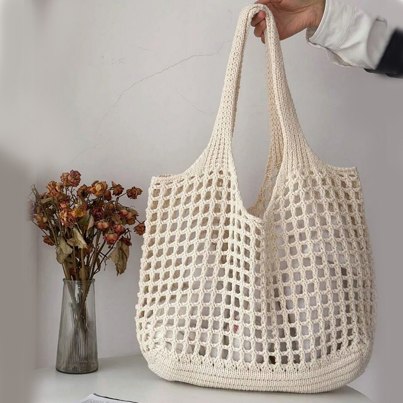 Bolsa tote feminina de crochê, bolsa de praia vazada, grande capacidade, moda de malha, cor sólida, bolsa de compras simples para viagens e férias