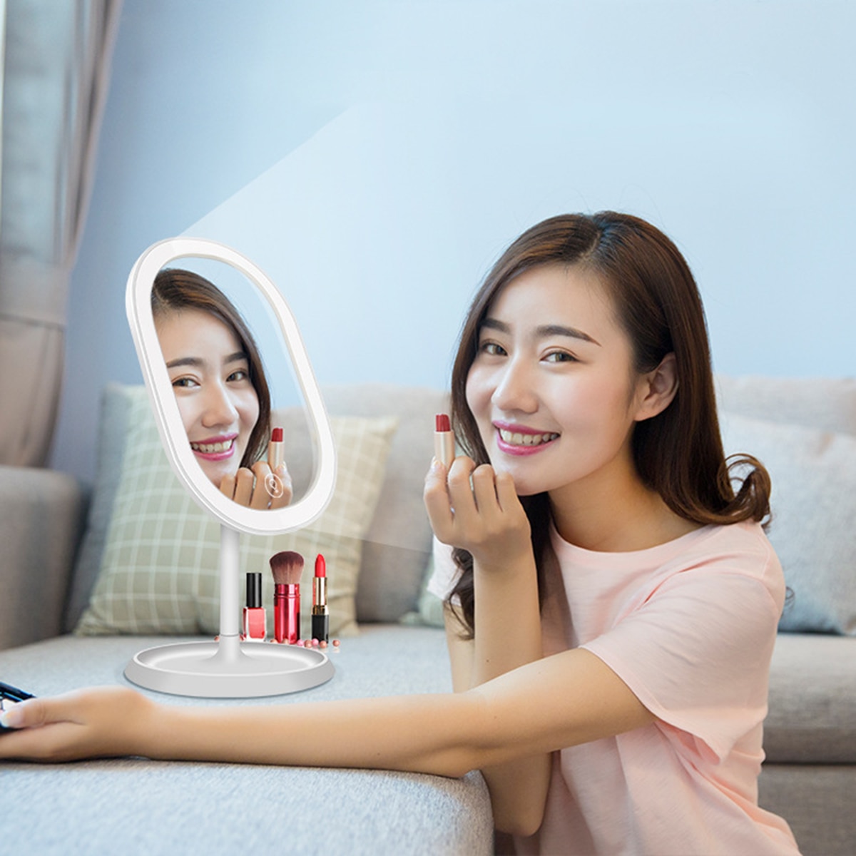 Mini LED Lighted Makeup Mirror Table Stand USB Rechargeable Light Lamp Rotatable Desktop Vanity Mirrors With Cosmetic Organizer