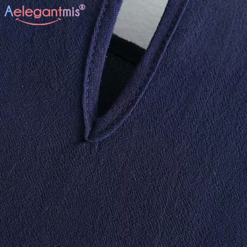 Aelegantmis camisa de gasa suelta azul marino mujeres Chic flor bordado blusas señora Casual manga larga Tops