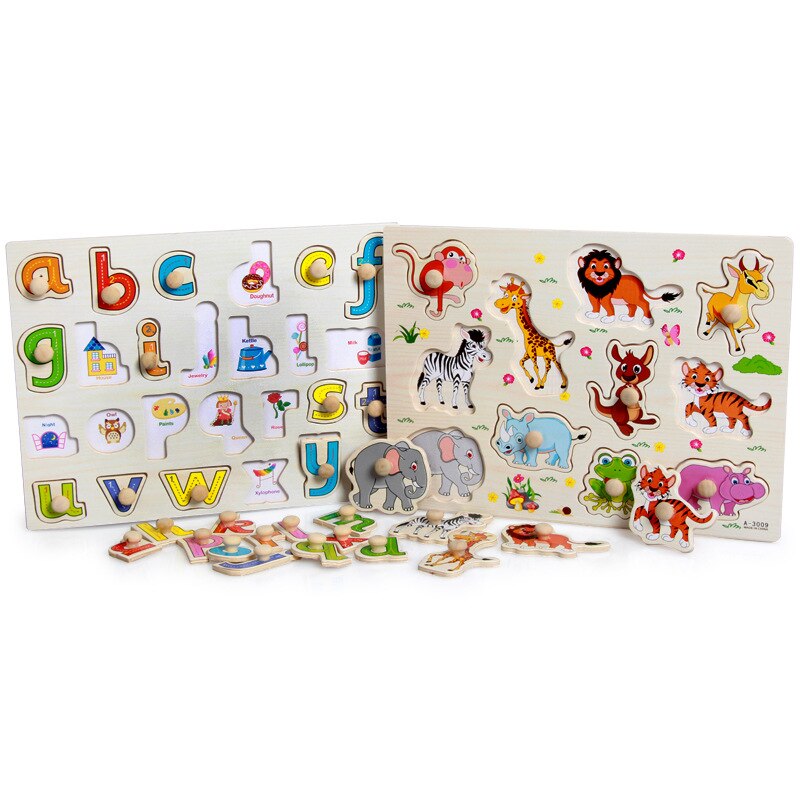 Wooden Puzzle Baby Kids Toddler Jigsaw English Alphabet Letters Cute Animal DIY Early Learning Toys For Children