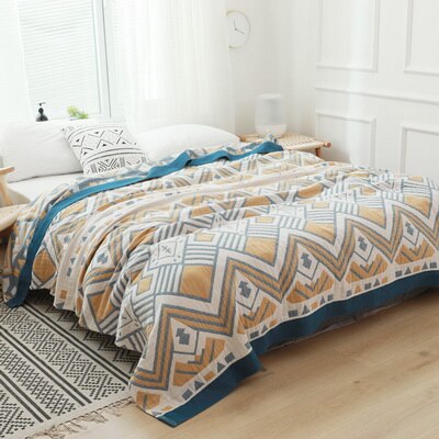 Junwell bambus bomull muslin sommerteppe sengetrekk sofa reise pustende tegneserie kattetråd stort mykt kasteteppe: Blå / 200 x 230cm