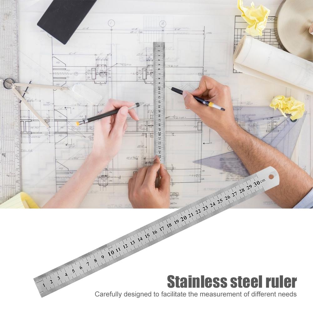 Regla recta de Metal de acero inoxidable, herramienta de medición de doble cara de precisión, plantilla de dibujo, regla, herramientas de carpintería