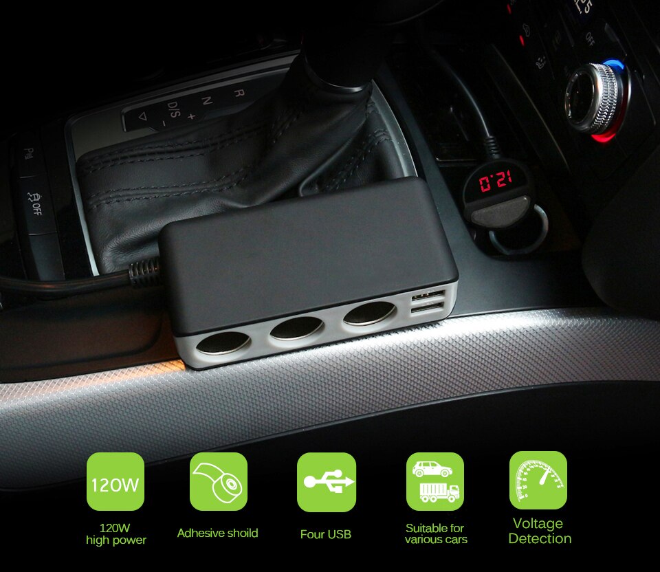4 Usb-poort Auto-oplader 6.8A Usb Charger Voltmeter Met 3 Way Sigarettenaansteker Splitter 120W Power adapter Oplader