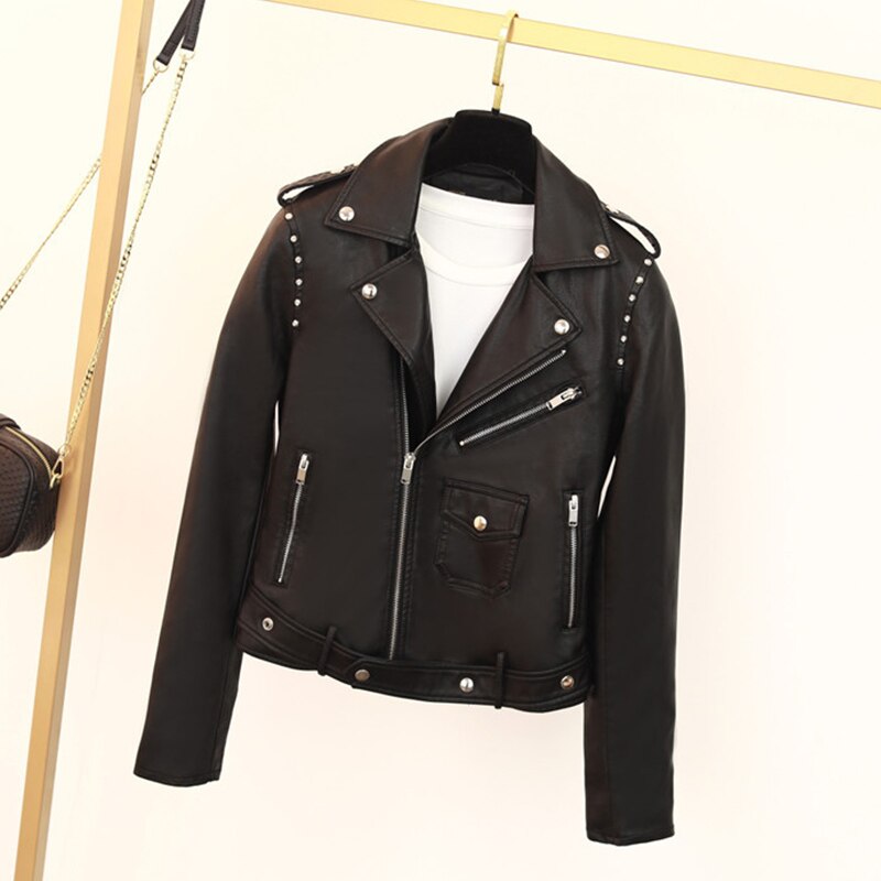 Chaqueta de piel para mujer, chaqueta de piel negra de imitación estrecha con remaches y cremallera, chaquetas de piel para mujer, chaqueta de motociclista con tachuelas de Pu para mujer, prendas de vestir: S