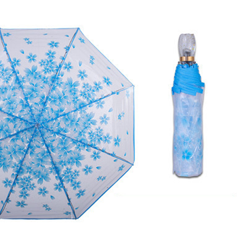 Parapluie romantique Transparent | Parapluie en fleurs de cerisier à trois plis pour femme, parapluie de cerise japonais coréen pour femme, parapluie d'art frais: blue-transparent