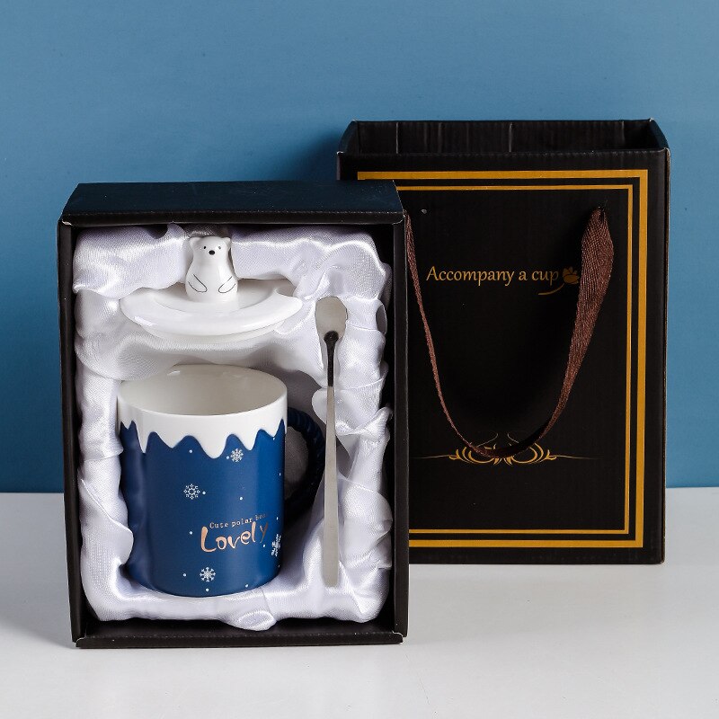 Leuke Ijsbeer Keramische Mok Met Deksel Lepel Koffie Cups Drinkware Koffie Thee Kopjes Student Melk Cup: B with gift box