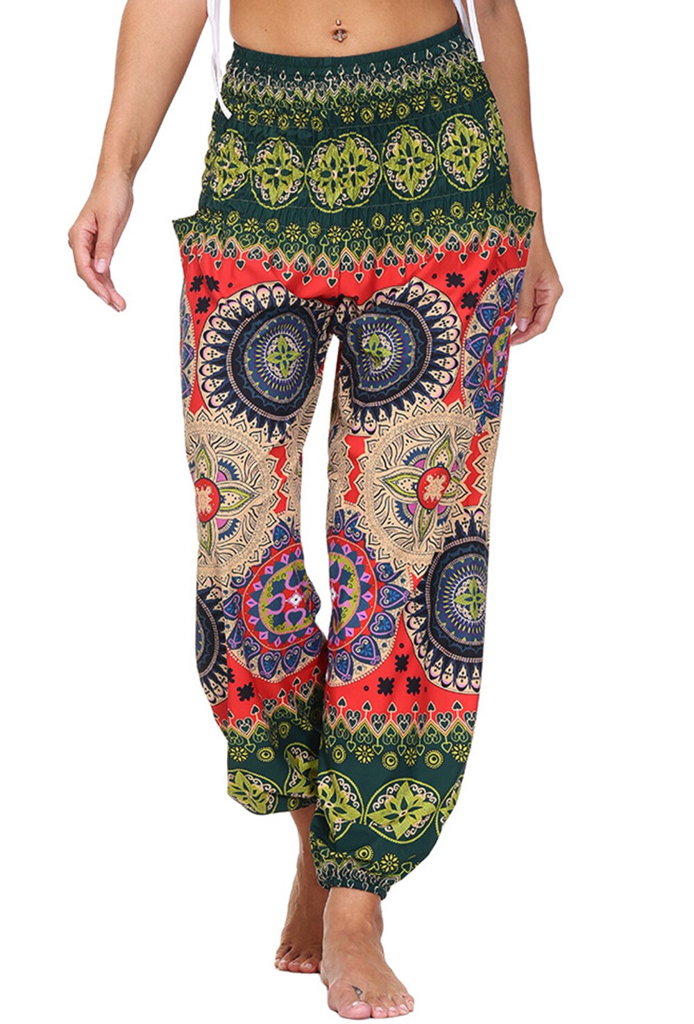 Pantaloni da donna Harem pantaloni da Yoga indiani bohémien a vita alta Smocked pantaloni larghi Boho Hippie con tasche: Default Title