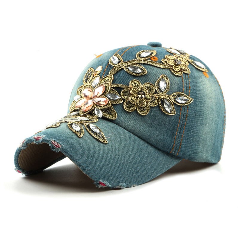 Denim rhinestone kvinders baseball cap vintage luksus blomstermønster gorras kvindelig glas diamant hat: 3